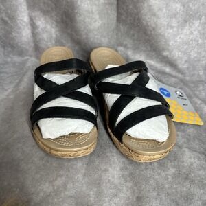 Crocs A-Leigh Mini Wedge Leather Sandals Black Cork Women's 7 New